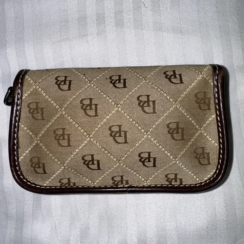 Dooney and Bourke Tan Brown Signature Monogram Canvas Snap Small‎ Pouch